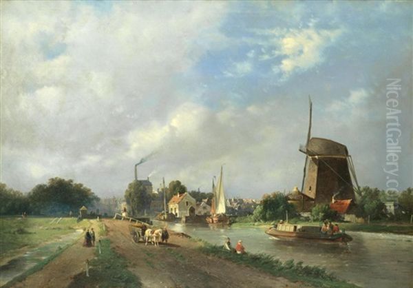 Dutch Canal Scene Oil Painting by Adrianus Jacobus Vrolyk