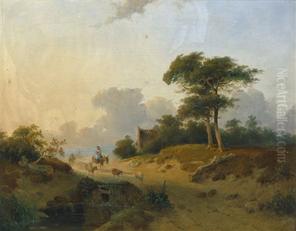 Landschaft Mit Heimkehrenden Hirten Im Abendlicht Oil Painting by Adrianus Jacobus Vrolyk