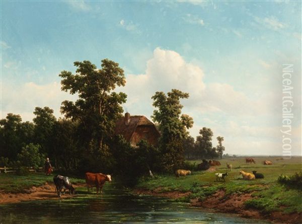 Farmer's Wife With Milk Buckets And Cattle By The Pond Oil Painting by Adrianus Jacobus Vrolyk