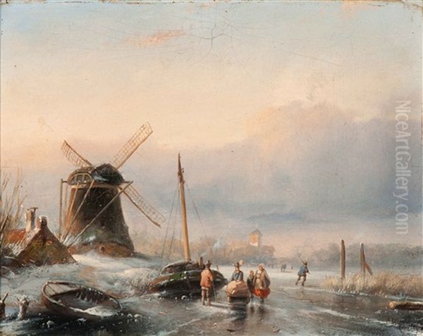 Activity On The Ice Oil Painting by Adrianus Jacobus Vrolyk