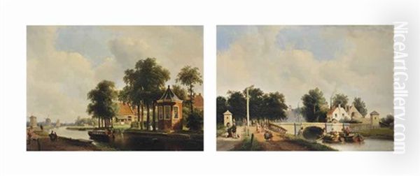 A Summer's Day On The Trekvliet Seen From Haagzigt, Voorburg (and The Trekweg Along The Trekvliet With The Old Railway Bridge, The Hague; Pair) Oil Painting by Adrianus Jacobus Vrolyk