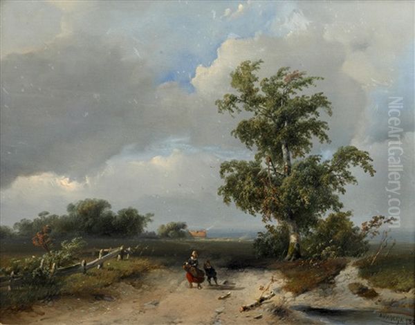 Figures On A Country Track Oil Painting by Adrianus Jacobus Vrolyk