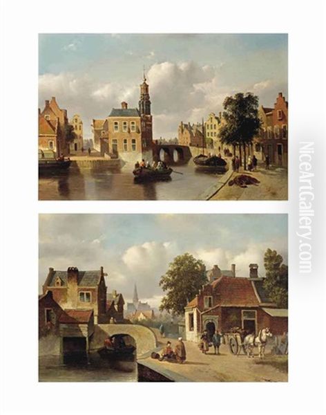 A Capriccio View Of The Munt, Amsterdam; A Capriccio View Of Haarlem With The St. Bavo Church (pair) Oil Painting by Adrianus Jacobus Vrolyk