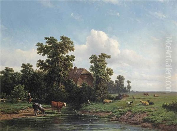 Grazing Cattle By A Pond Near A Farmhouse Oil Painting by Adrianus Jacobus Vrolyk