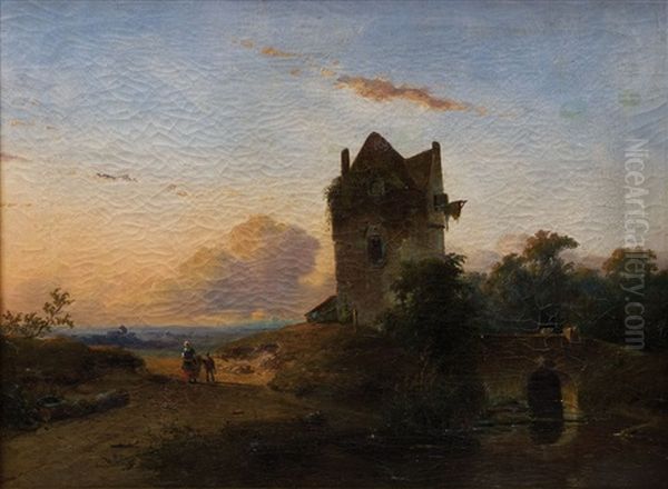 Romantische Landschaft Im Sonnenuntergang Oil Painting by Adrianus Jacobus Vrolyk