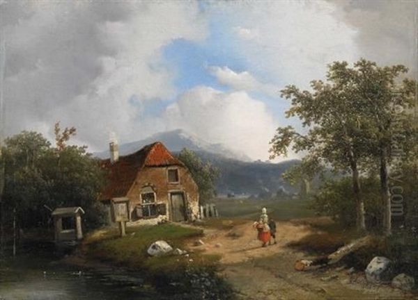 Landschaft Mit Gehoft Und Figurenstaffage Oil Painting by Adrianus Jacobus Vrolyk