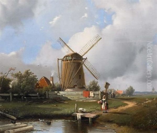 Hollandische Landschaft Mit Windmuhle Oil Painting by Adrianus Jacobus Vrolyk