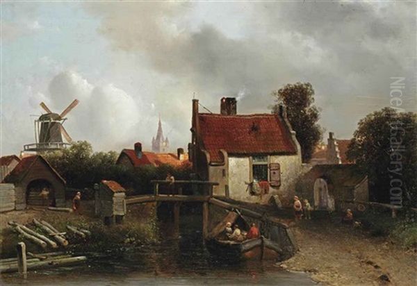 Townspeople On The Outskirts Of The City Of Delft Oil Painting by Adrianus Jacobus Vrolyk