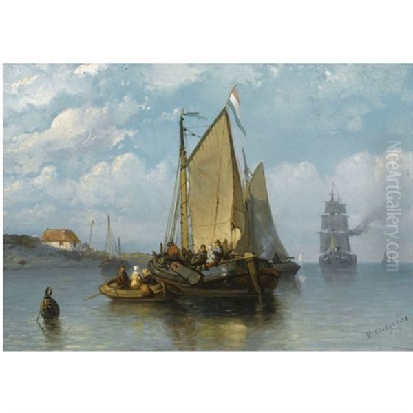 A Boating Party Oil Painting by Adrianus Jacobus Vrolyk