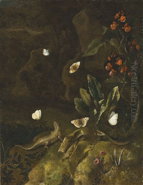 A Forest Floor With A Lizard, A Snake, Butterflies And A Bleeding Heart Oil Painting by Isac Vromans