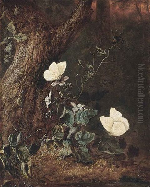 A Forest Floor With A Snail On A Tree Trunk, Blackberries, Butterflies And A Bumblebee Oil Painting by Isac Vromans