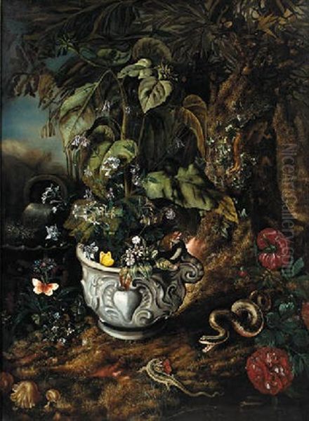 Flowers In A Sculpted Urn, With A Lizard, A Snake, Toadstools, Butterflies, And Overturned Urn And Peonies On A Forest Floor Oil Painting by Isac Vromans