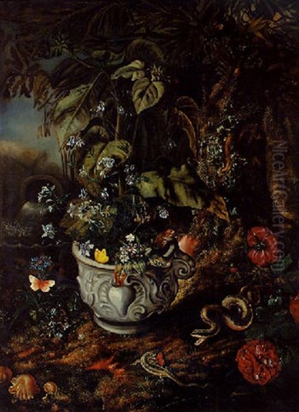 Flowers In A Sculpted Urn, With A Lizard, A Snake, Toadstools, Butterflies, An Overturned Urn And Peonies On A Forest Floor Oil Painting by Isac Vromans