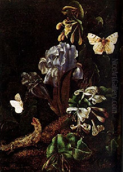 Still Life Of A Forest Floor With Flowers, Lizard And Butterflies Oil Painting by Isac Vromans