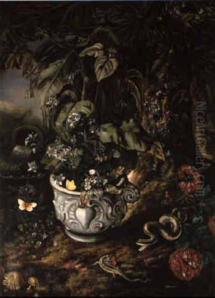 Stilleben Mit Blumen, Pflanzen, Und Reptilien In Einem Waldgrund Oil Painting by Isac Vromans