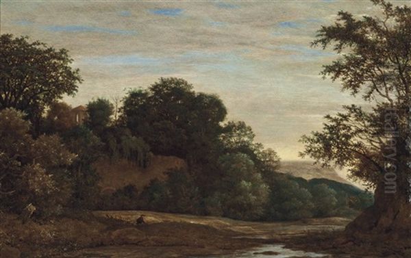 A Wooded River Landscape With A Hunter And His Dog, On A Track, A Wall Beyond Oil Painting by Cornelis Hendriksz Vroom