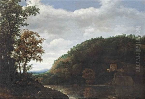 A Mountainous River Landscape With A Shepherd In The Left Foreground And A Temple On The Opposite River Bank Oil Painting by Cornelis Hendriksz Vroom