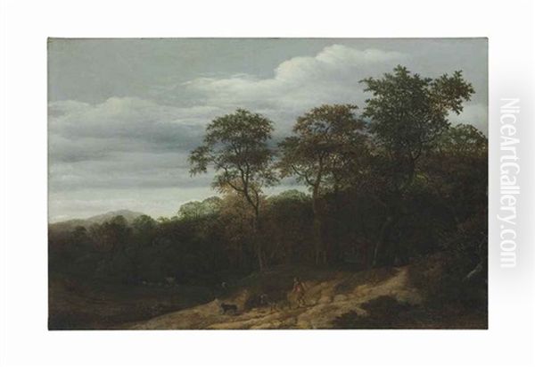 A Wooded Landscape With Shephards On The Path Oil Painting by Cornelis Hendriksz Vroom