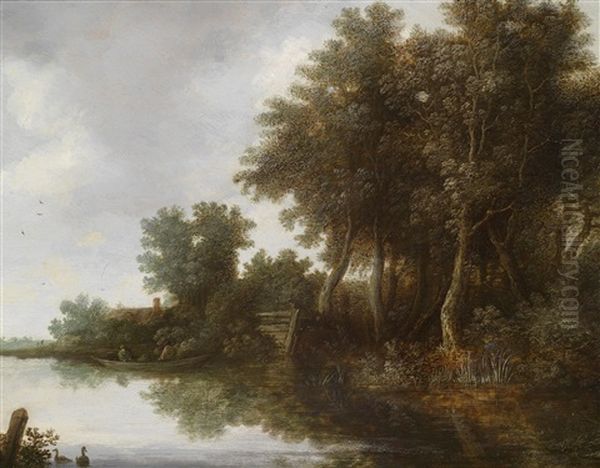 Flusslandschaft Mit Einem Fahrboot Und Einem Angler Oil Painting by Cornelis Hendriksz Vroom