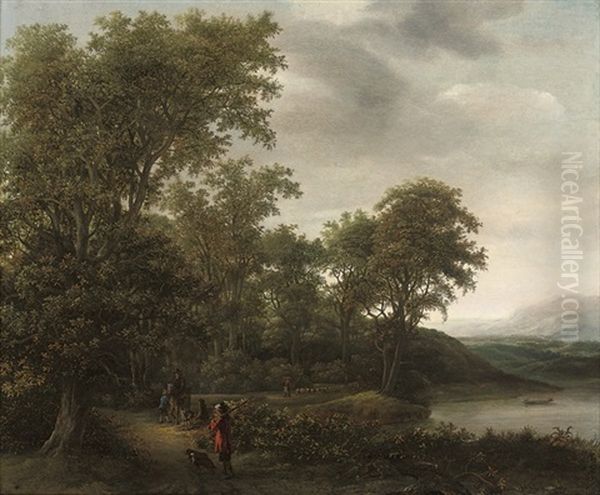 A Wooded River Landscape Oil Painting by Cornelis Hendriksz Vroom