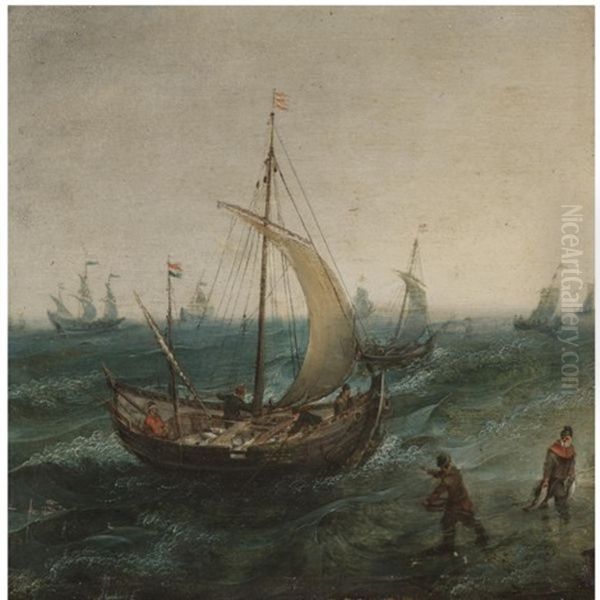 Fishermen And Their Boats In Stormy Seas Oil Painting by Cornelis Hendriksz Vroom