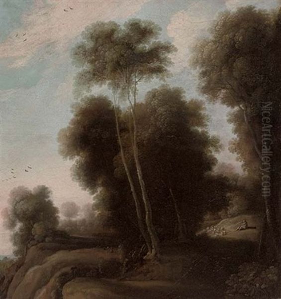 A Wooded Landscape With A Shepherd And His Flock On A Track Oil Painting by Cornelis Hendriksz Vroom