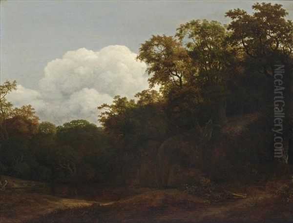 A Wooded Landscape With A Waterfall Ending In A Forest Pond Oil Painting by Cornelis Hendriksz Vroom