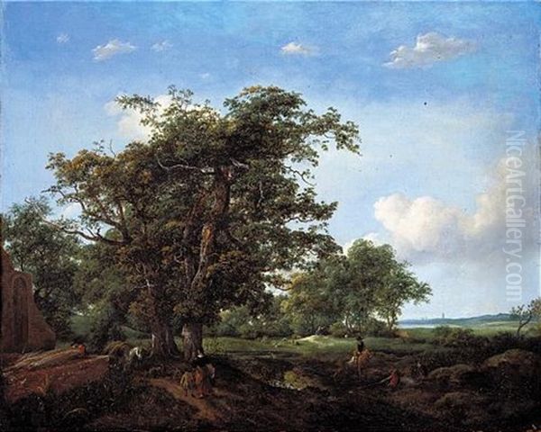 A Pastoral Landscape With Fishermen, A Shepherd Tending His Flock And A Man Bailing Hay Oil Painting by Cornelis Hendriksz Vroom