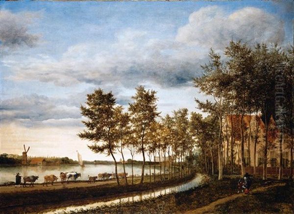 Drovers With Their Animals Walking On A Path Along The Spaarne, The City Of Haarlem In The Distance Oil Painting by Cornelis Hendriksz Vroom