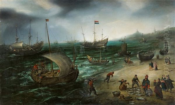 Segelschiffe Am Strand Von Scheveningen Oil Painting by Hendrik Cornelisz Vroom