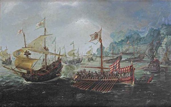 A Battle Between Spanish Galleons And English And Dutch Warships Before A Rugged Coastline Oil Painting by Hendrik Cornelisz Vroom