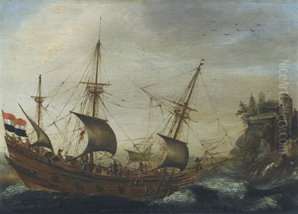 A Dutch Merchantman In Coastal Waters Oil Painting by Hendrik Cornelisz Vroom