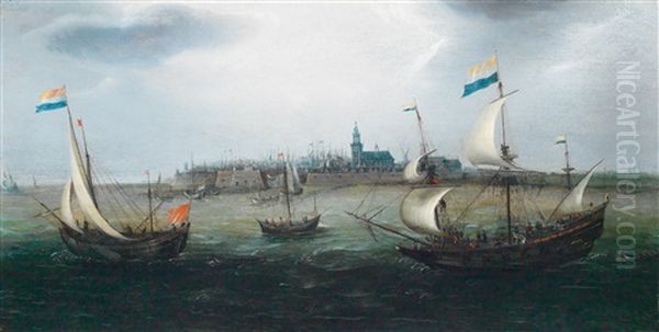 Schiffe Mit Der Flagge Der Generalstaaten Auf Bewegter See Vor Einer Hafenstadt Oil Painting by Hendrik Cornelisz Vroom