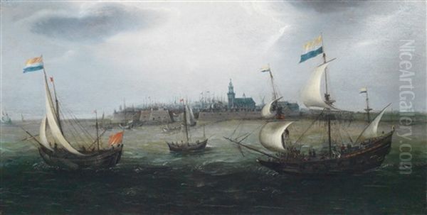 Schiffe Mit Der Flagge Der Generalstaaten Auf Bewegter See Vor Einer Hafenstadt by Hendrik Cornelisz Vroom