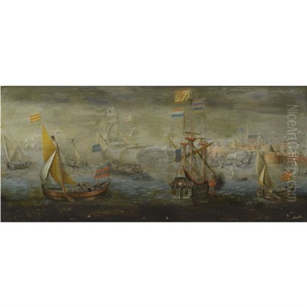 A Dutch Man-of-war And Other Flagships Near A Dutch Fortified Town Oil Painting by Hendrik Cornelisz Vroom