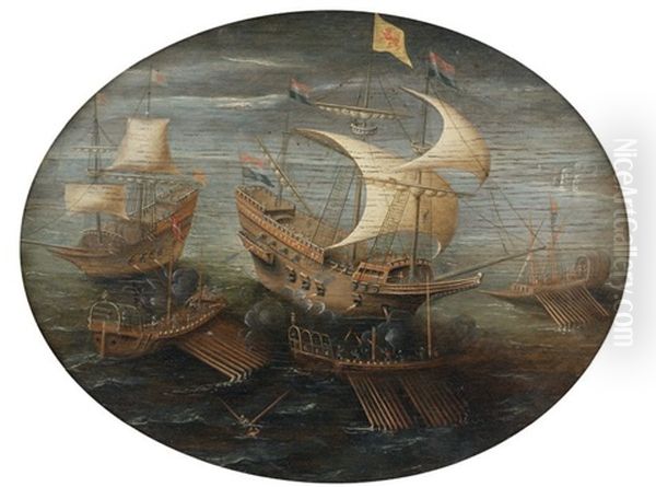 Bataille Navale Entre Un Galion Hollandais Et Un Vaisseau De Guerre Et Trois Galeres Anglaises by Hendrik Cornelisz Vroom