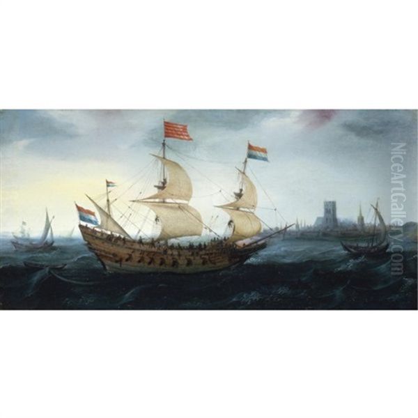 A Dutch Two-master In A Stiff Breeze Before A Dutch Coastal Town (den Briel?) Oil Painting by Hendrik Cornelisz Vroom