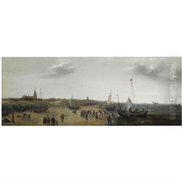 A View Of The Beach At Scheveningen With Fishermen Unloading Their Catch, Elegant Figures Strolling Along The Beach Oil Painting by Hendrik Cornelisz Vroom