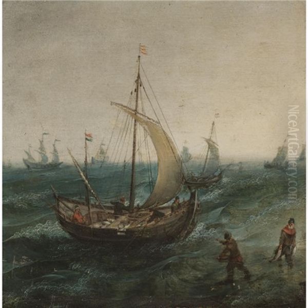 Fishermen And Their Boats In Stormy Seas Oil Painting by Hendrik Cornelisz Vroom