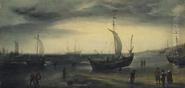 A North Sea Beach Scene, With Fishing Pinks Coming Ashore And Larger Vessels Offshore by Hendrik Cornelisz Vroom