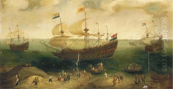 The Amsterdam Fourmaster De Hollandse Tuyn And Other Ships Entering The Ij On Their Return From Brazil Under The Command Of Paulus Van Caerden Oil Painting by Hendrik Cornelisz Vroom