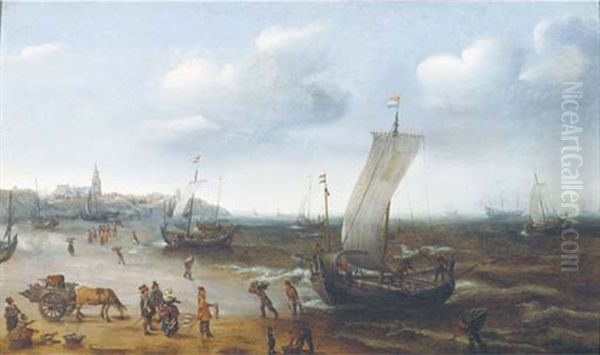 The Beach At Scheveningen Oil Painting by Hendrik Cornelisz Vroom