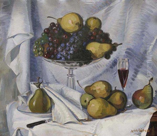 A Still Life With Wine And Pears Oil Painting by Antonin Vrtalko-Jary