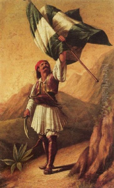 Evzon Holding Aloft A Flag by Theodoros Vryzakis