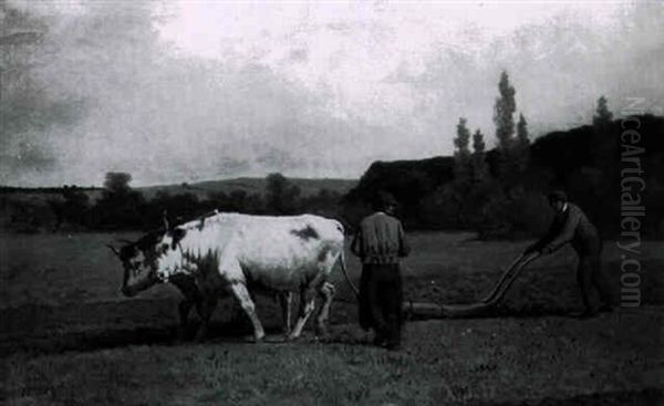 Two Farmers And A Pair Of Oxen Plowing A Field Oil Painting by Francois Vuagnat