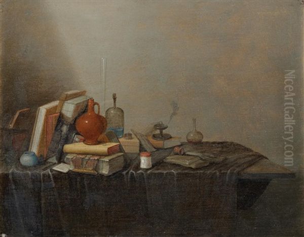 Books With An Earthenware Jug And Glass Bottles Along With Other Items On A Draped Table-top Oil Painting by Gerrit Van Vucht