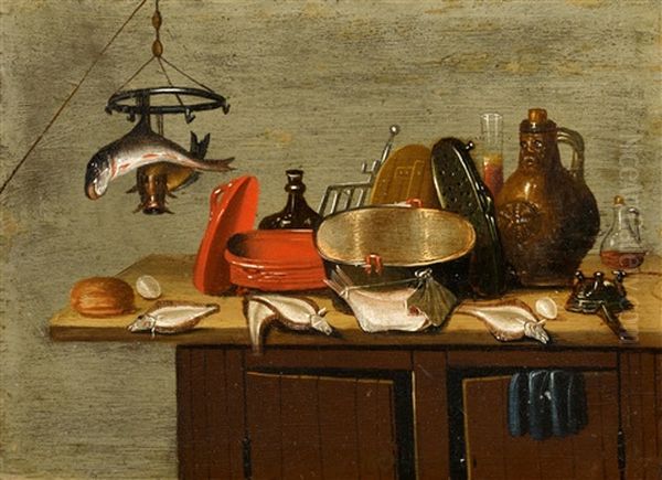 Kuchenstillleben Mit Fischen, Topfen Und Bartmannskrug Oil Painting by Gerrit Van Vucht