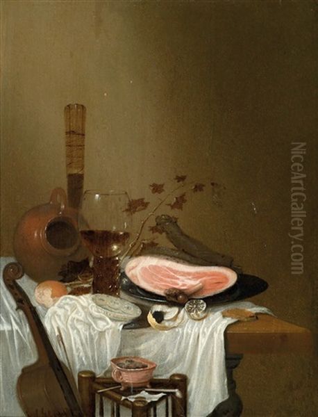 Still Life With Rummers, Meat, Lemons, Bread, Pipes And A Violin; And Still Life With A Rummer, Ham And Lemons On A Table And A Violin In The Foreground by Gerrit Van Vucht