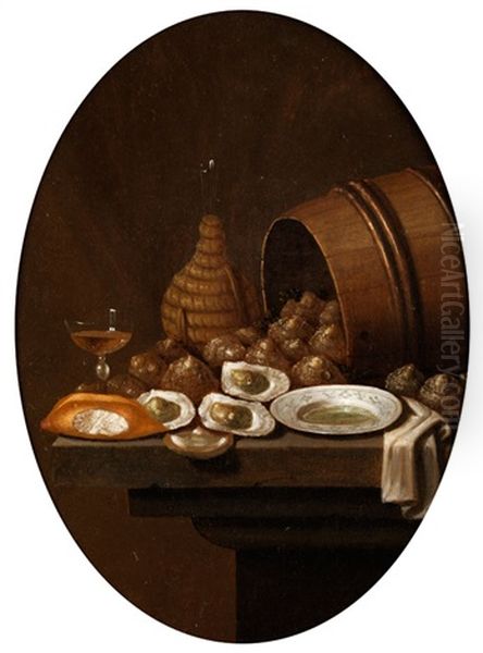 Stilleben Mit Austern, Weinflasche, Weinkelch Und Brot Oil Painting by Gerrit Van Vucht