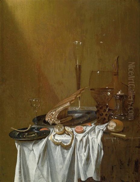 Ein Paar Stillleben Mit Romern, Fleisch, Zitronen, Brot, Pfeifen Und Einer Violine Oil Painting by Gerrit Van Vucht